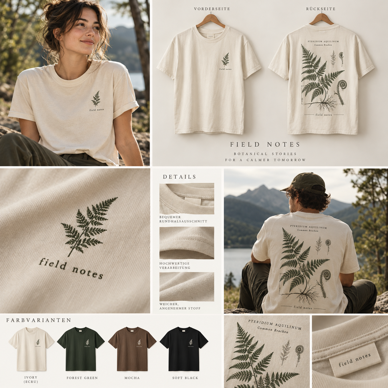 KI-Visualisierung: Frau trägt das naturfarbene T-Shirt mit kleinem Farnmotiv auf der Brust