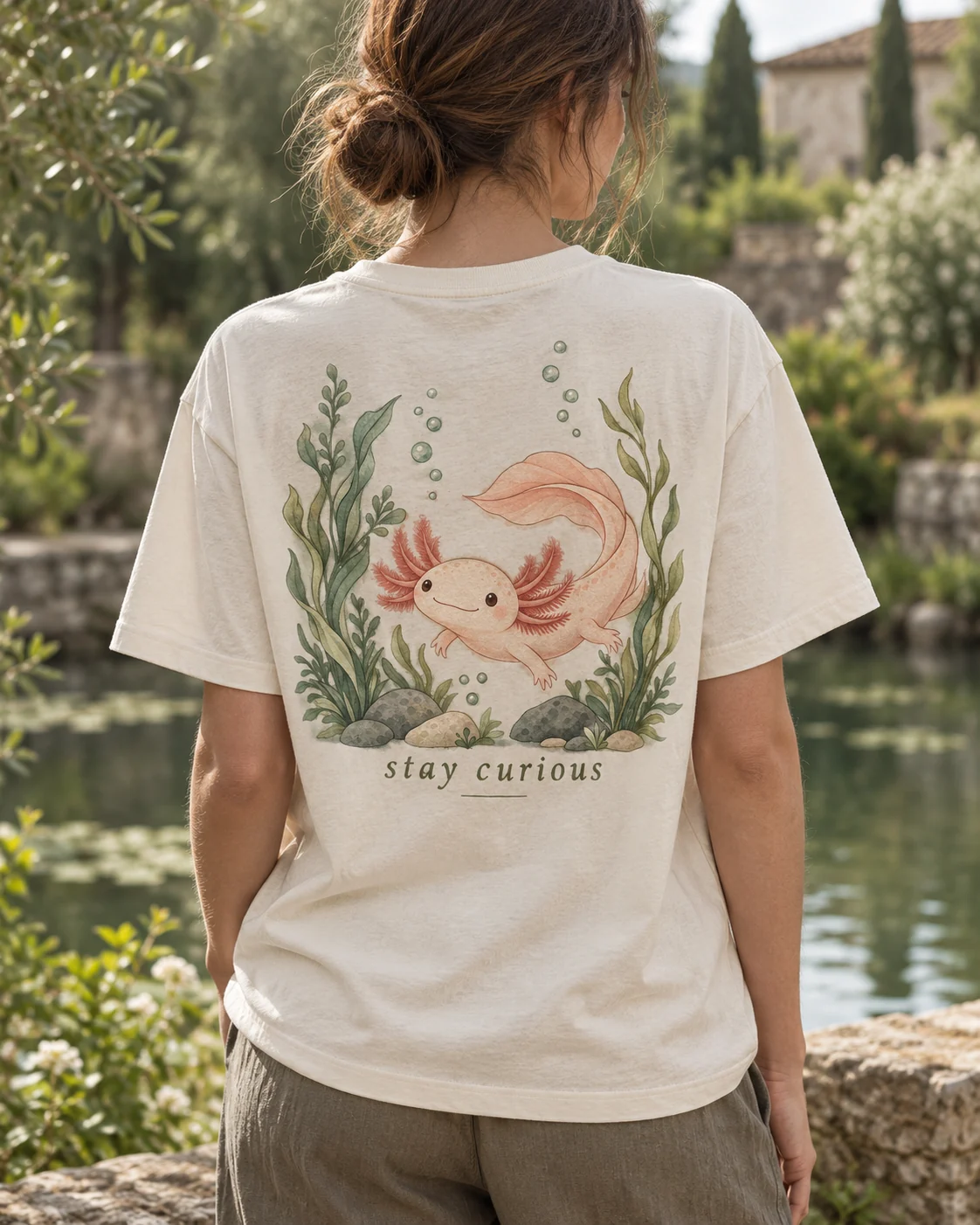 KI-Visualisierung: Stay Curious als getragenes T-Shirt, Rückenansicht
