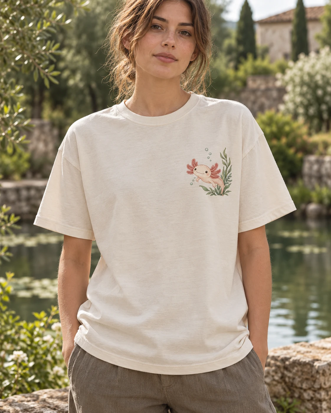 KI-Visualisierung: Stay Curious als getragenes T-Shirt, Vorderansicht