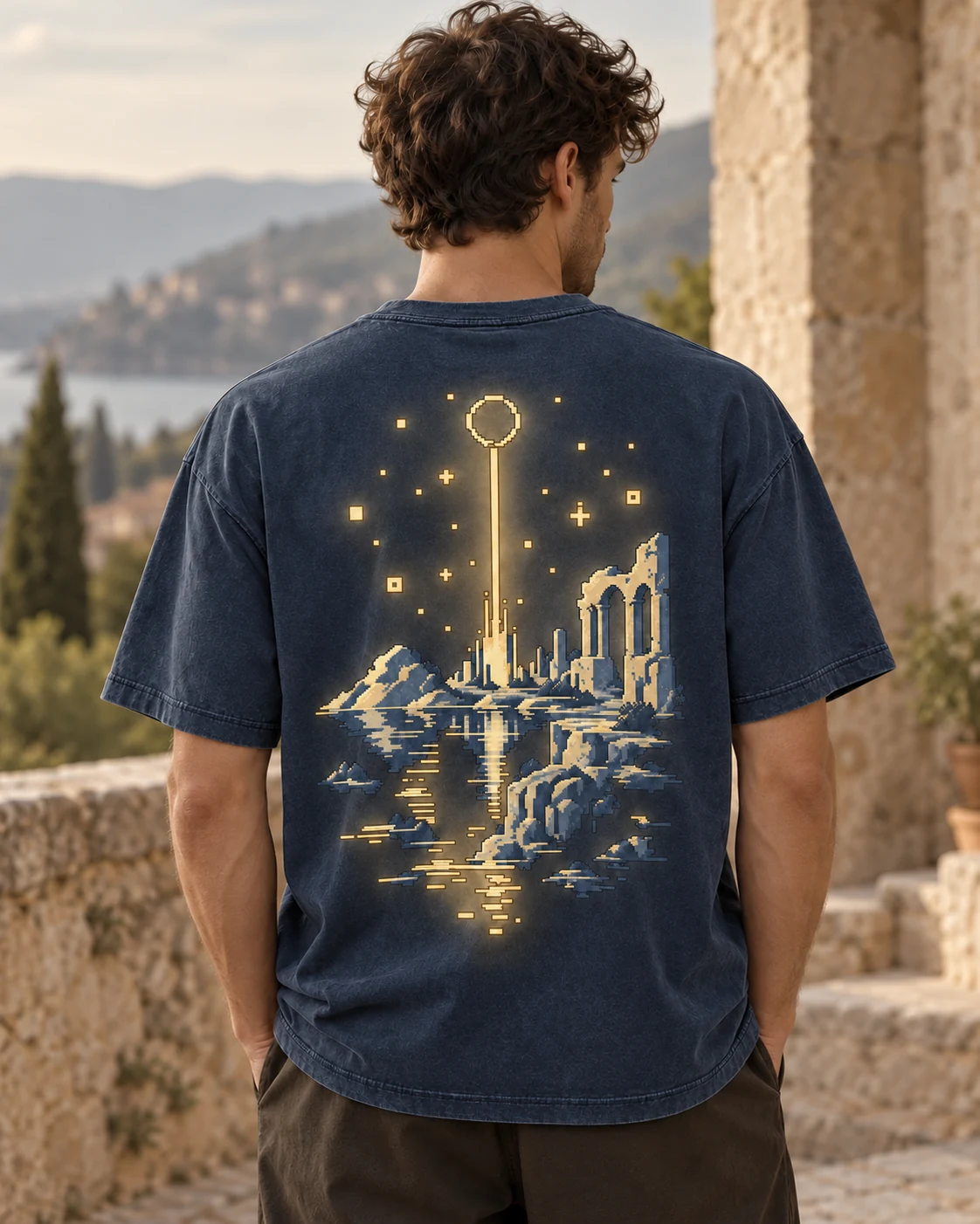 KI-Visualisierung: Checkpoint als getragenes T-Shirt, Rückenansicht