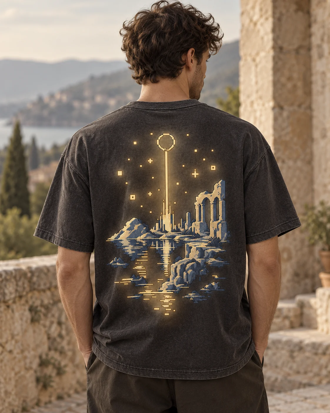 KI-Visualisierung: Checkpoint als getragenes T-Shirt, Rückenansicht