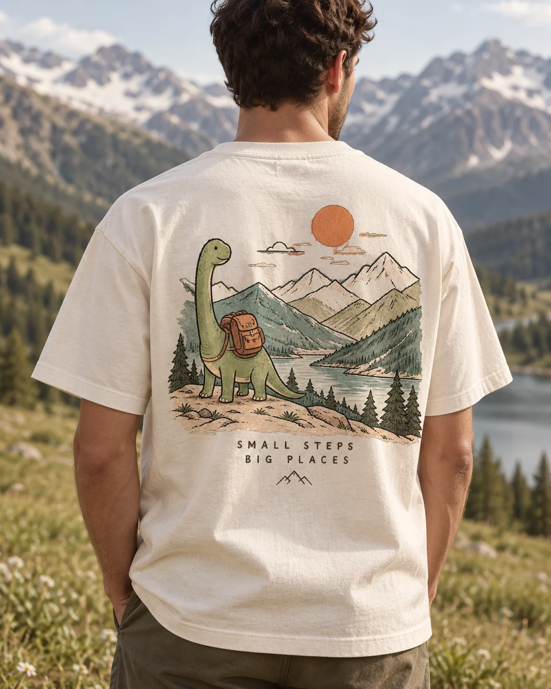 KI-Visualisierung: Small Steps als getragenes T-Shirt, Rückenansicht