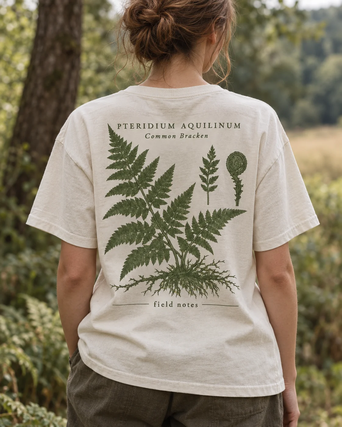 KI-Visualisierung: Botanist’s Note als getragenes T-Shirt, Rückenansicht