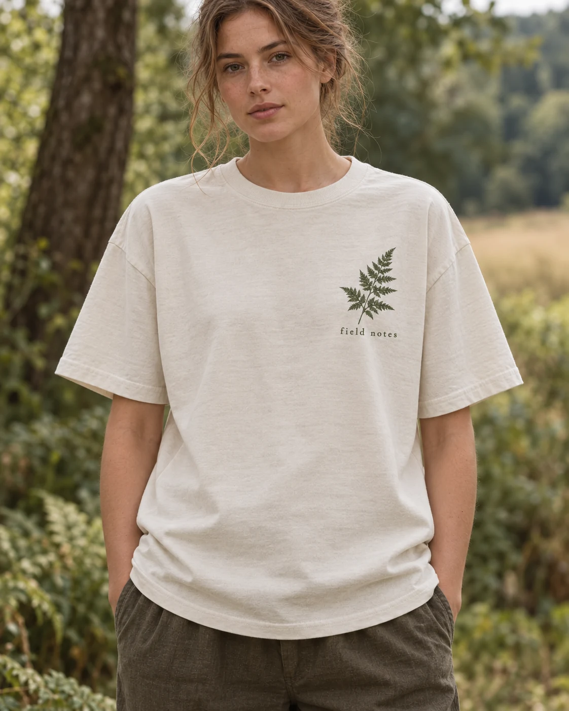 KI-Visualisierung: Botanist’s Note als getragenes T-Shirt, Vorderansicht
