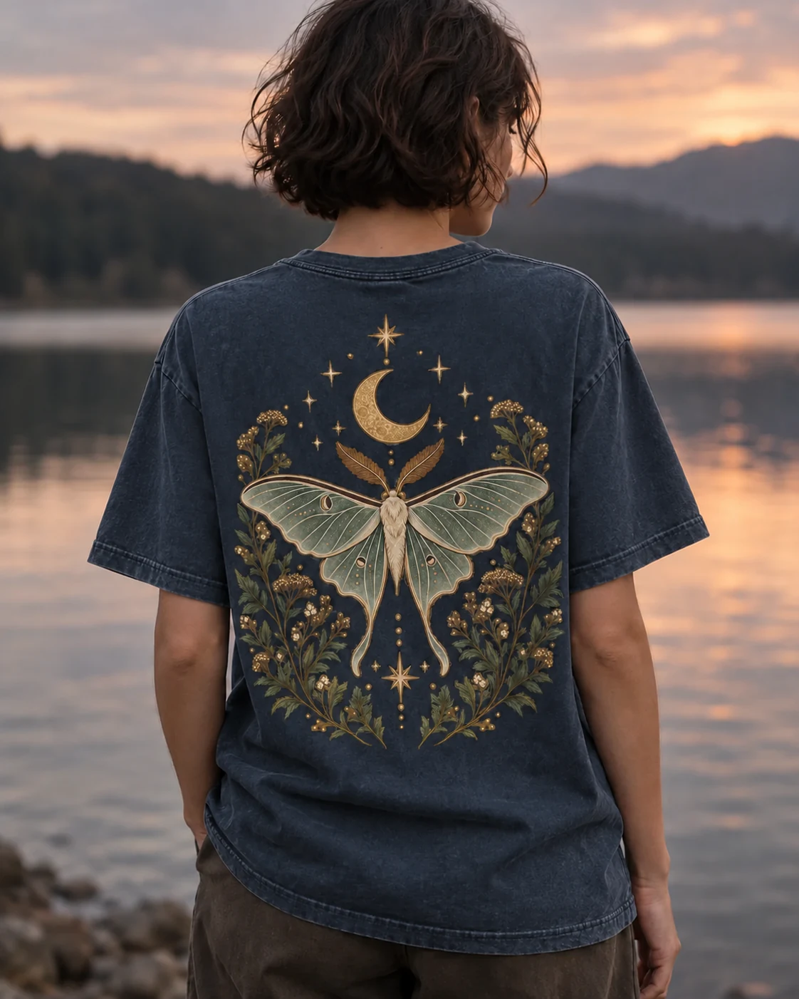KI-Visualisierung: Night Visitors als getragenes T-Shirt, Rückenansicht