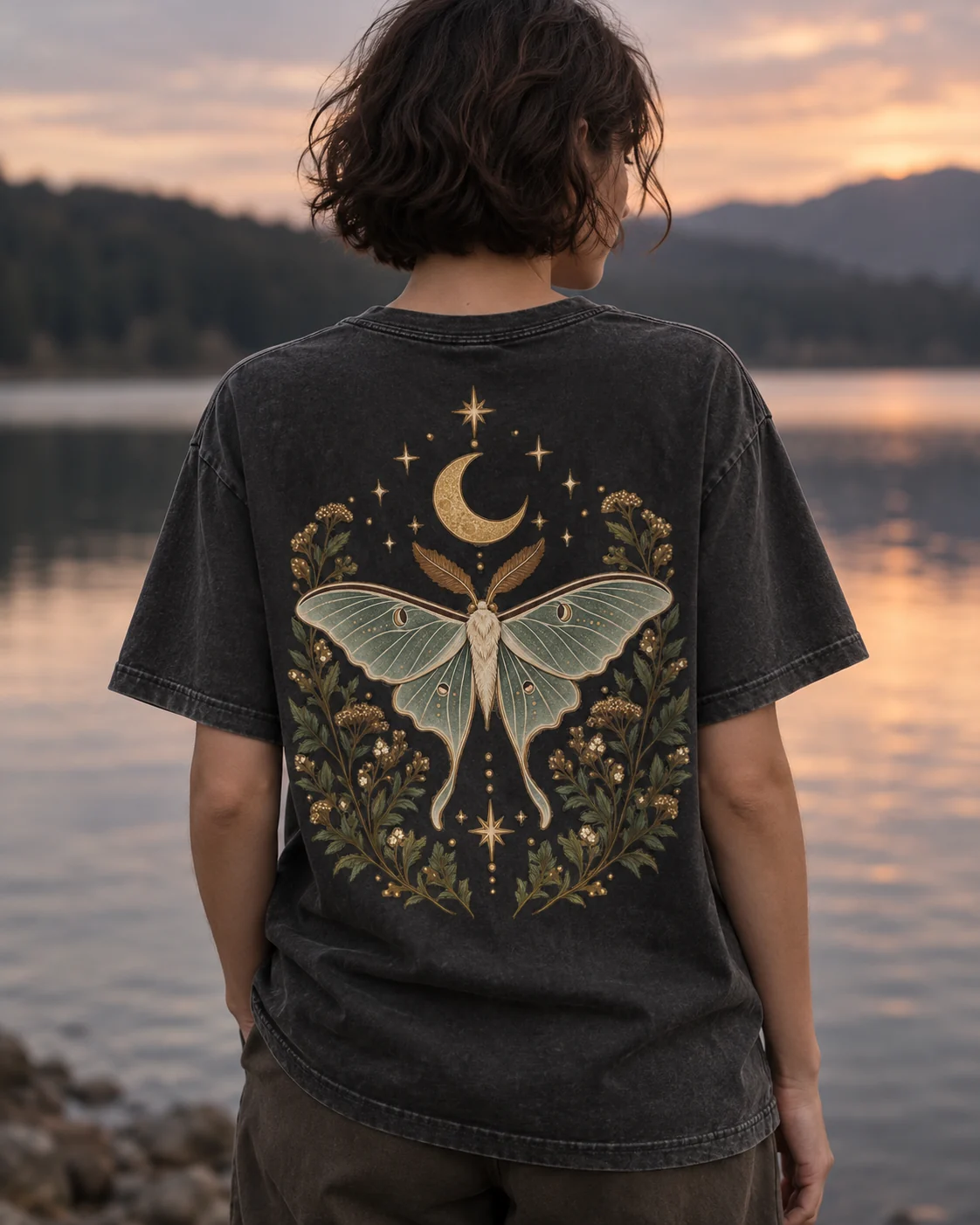 KI-Visualisierung: Night Visitors als getragenes T-Shirt, Rückenansicht