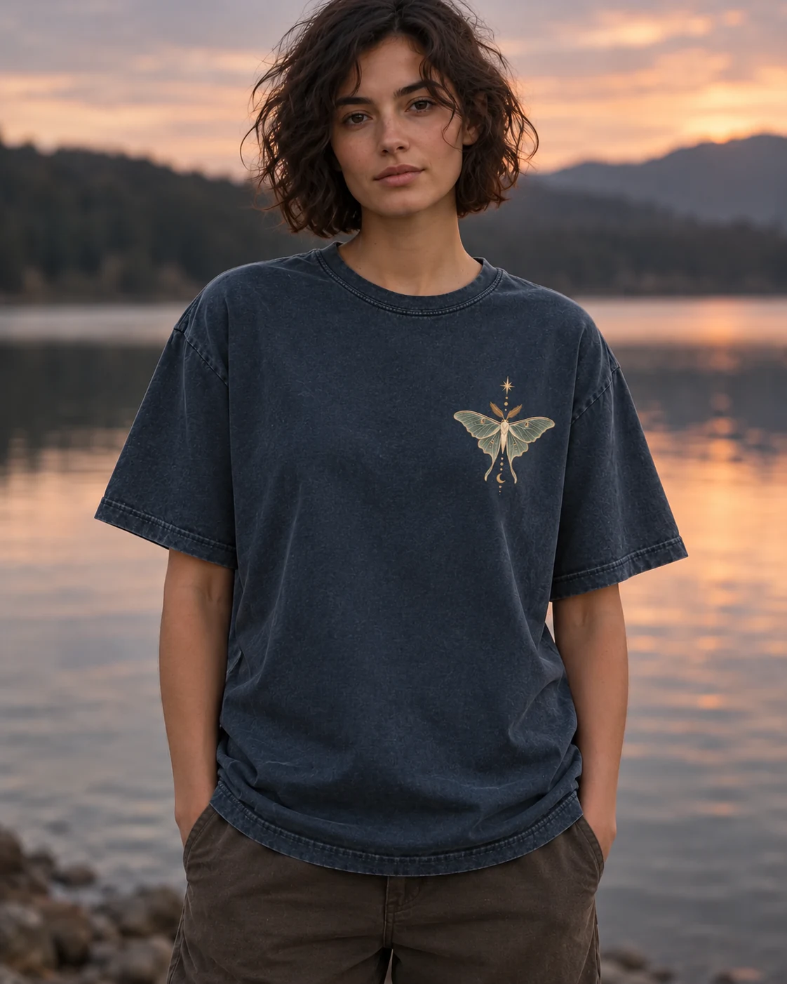 KI-Visualisierung: Night Visitors als getragenes T-Shirt, Vorderansicht